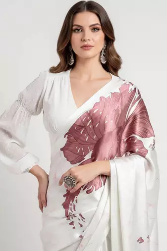 Mauve printed satin saree with blouse piece
