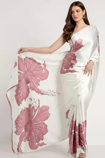 Mauve printed satin saree with blouse piece