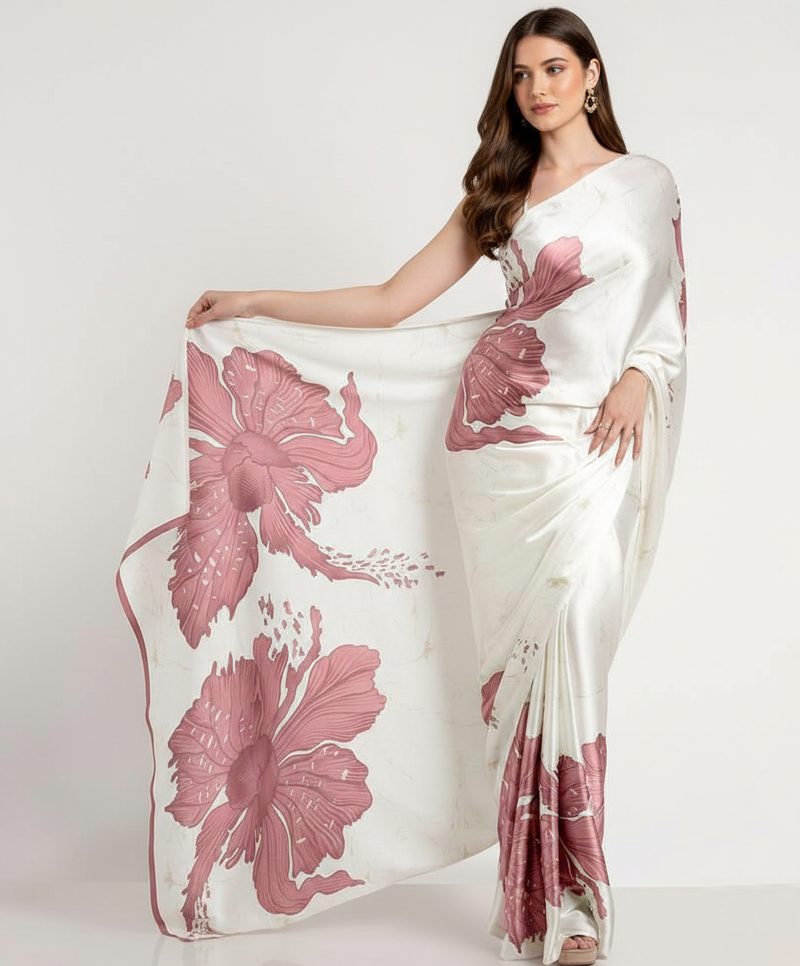 Mauve printed satin saree with blouse piece