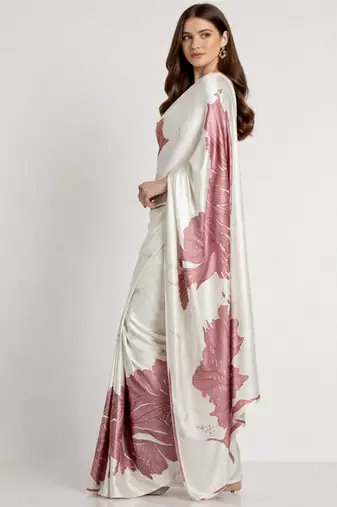 Mauve printed satin saree with blouse piece