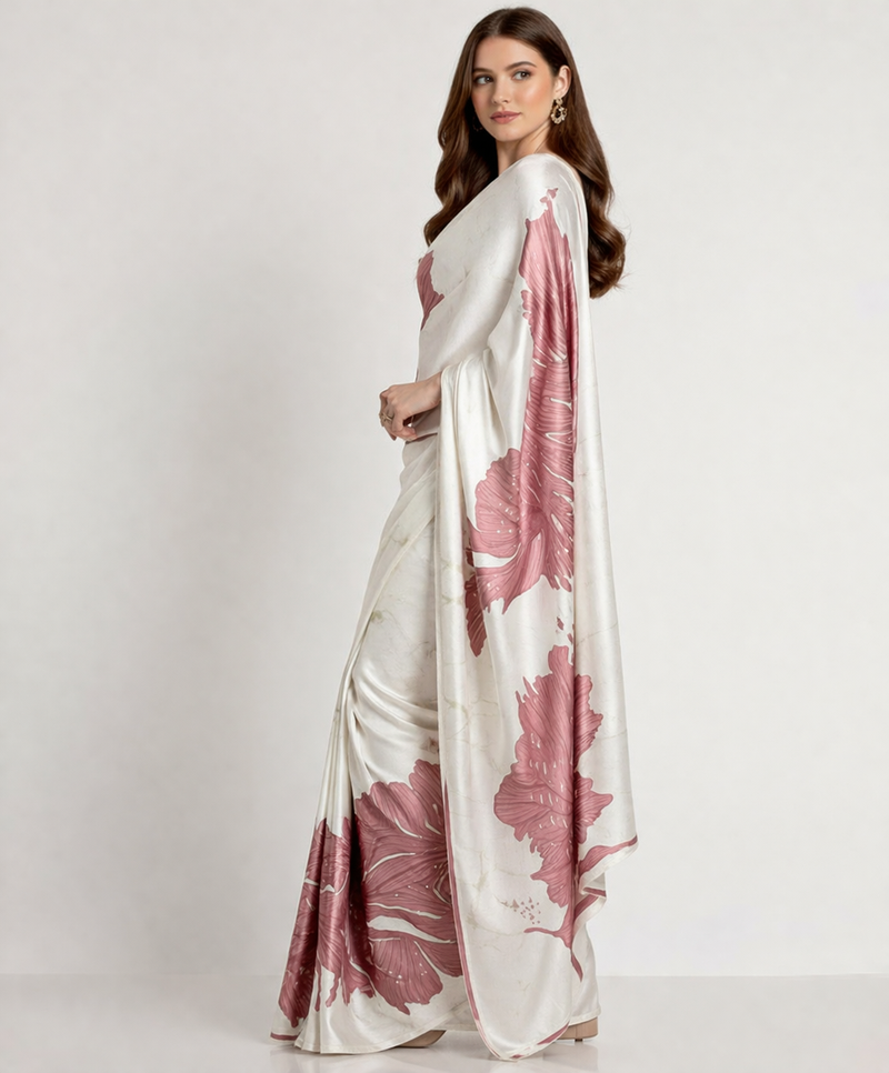 Mauve printed satin saree with blouse piece