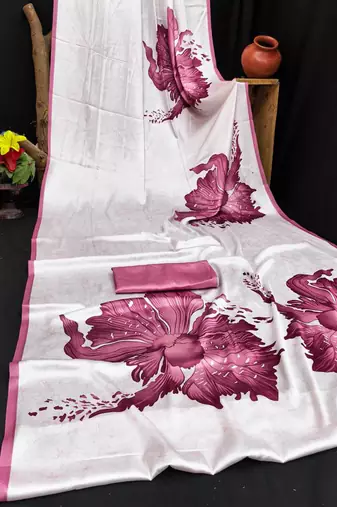 Mauve printed satin saree with blouse piece