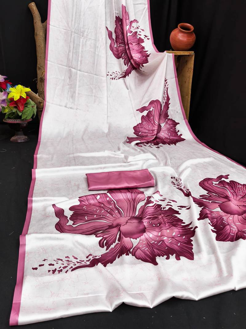 Mauve printed satin saree with blouse piece