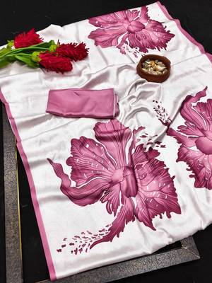 Mauve printed satin saree with blouse piece 5