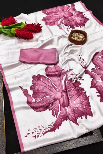 Mauve printed satin saree with blouse piece