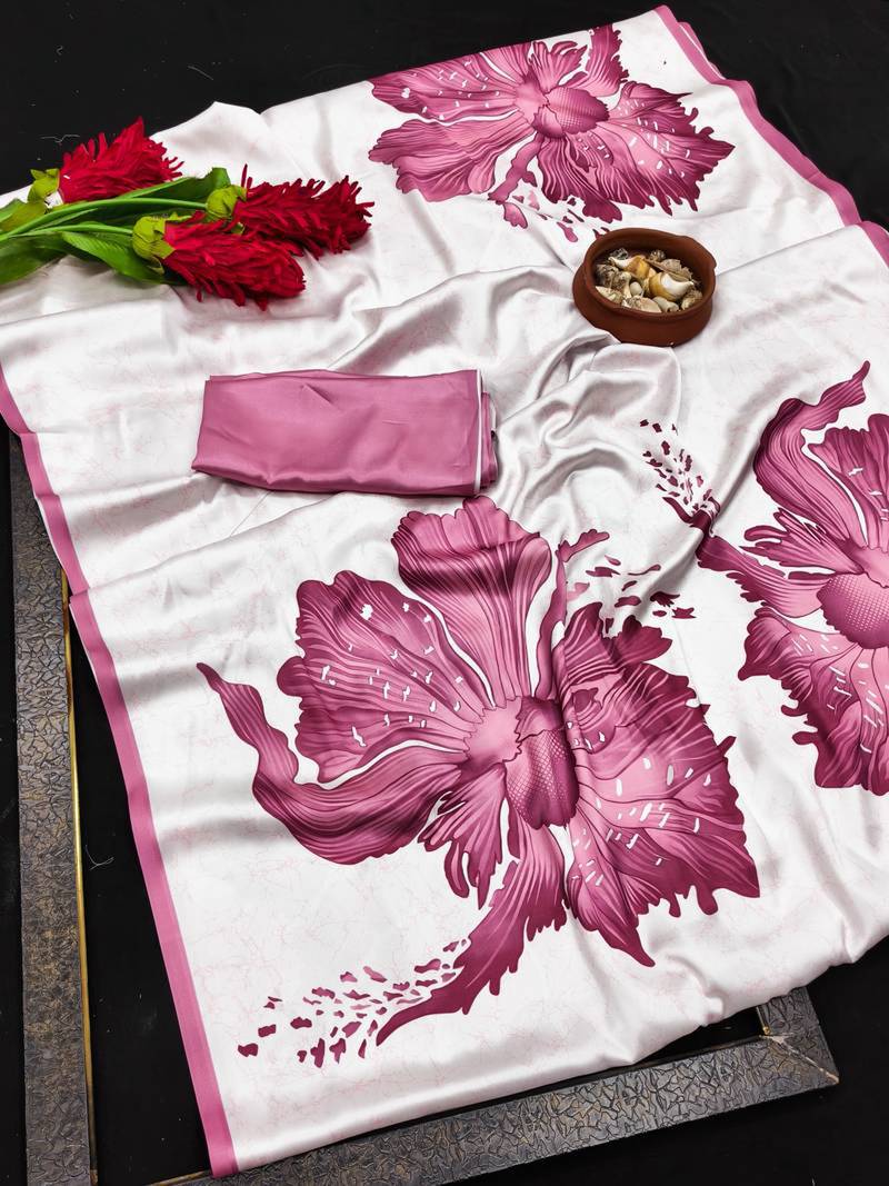 Mauve printed satin saree with blouse piece