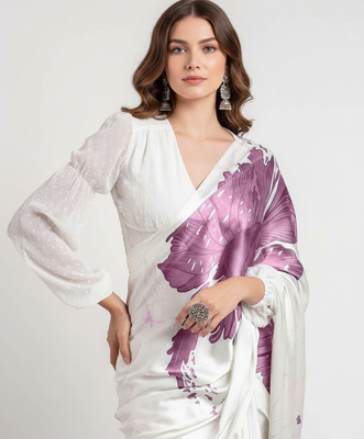 Purple printed satin saree with blouse piece 1