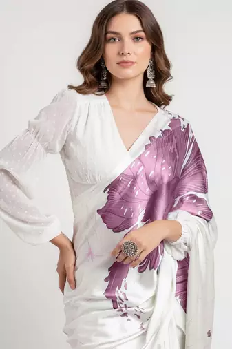 Purple printed satin saree with blouse piece