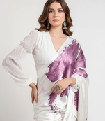 Purple printed satin saree with blouse piece