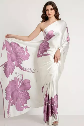 Purple printed satin saree with blouse piece