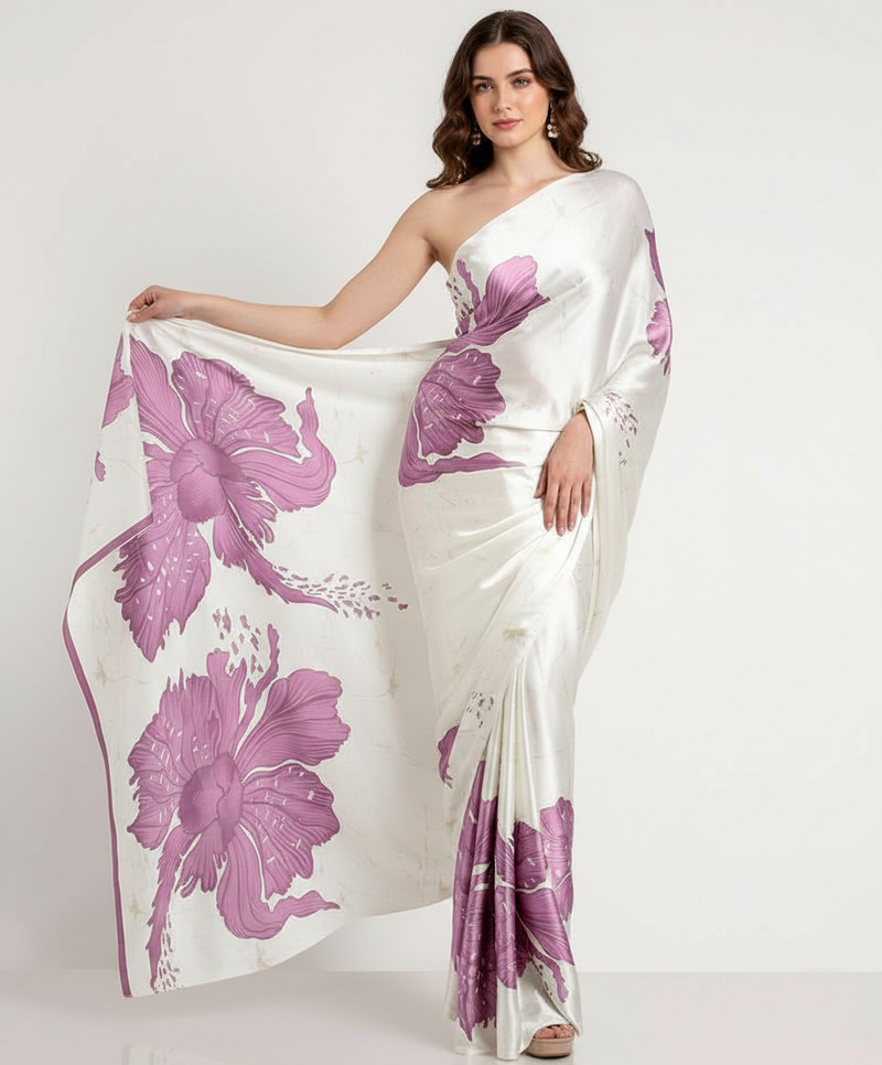 Purple printed satin saree with blouse piece