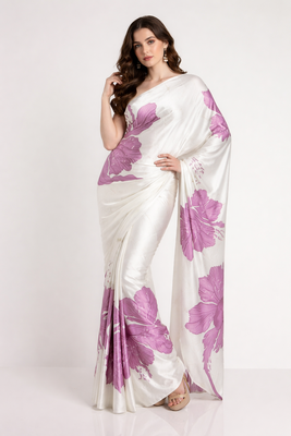 Purple printed satin saree with blouse piece 3