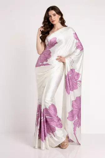 Purple printed satin saree with blouse piece