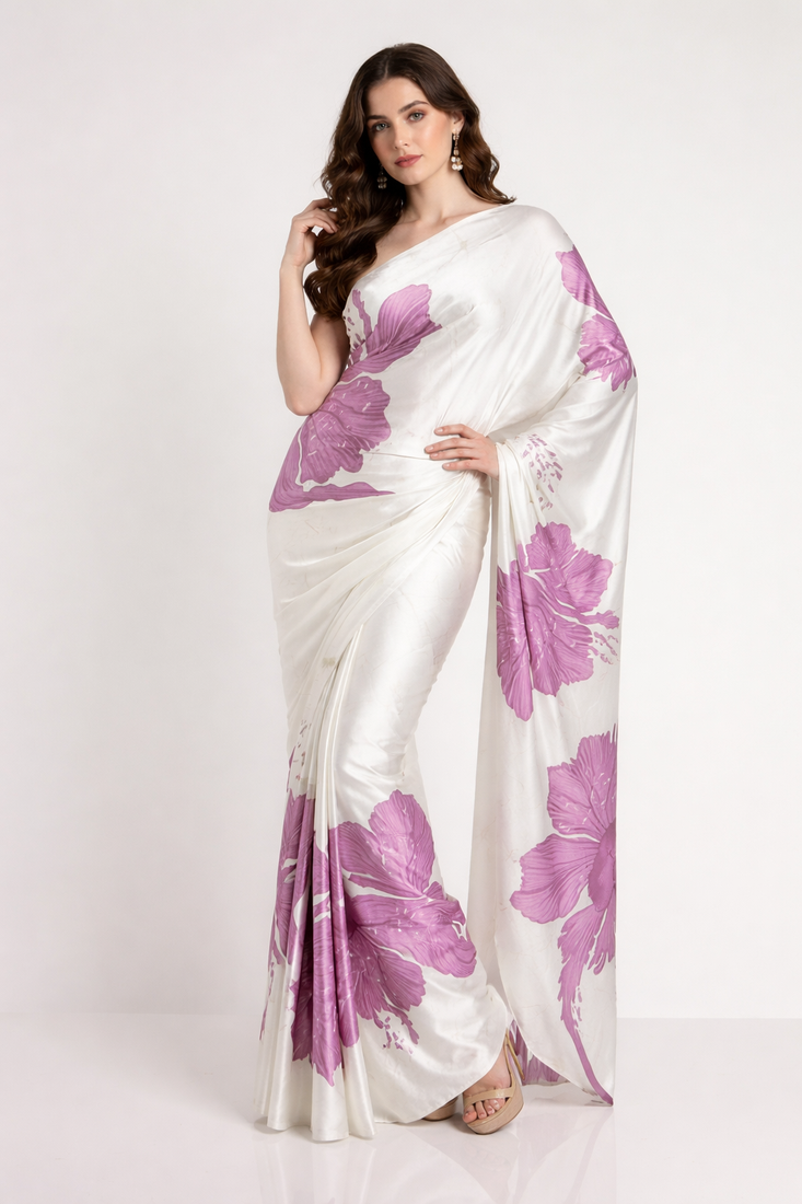 Purple printed satin saree with blouse piece