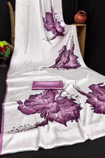 Purple printed satin saree with blouse piece