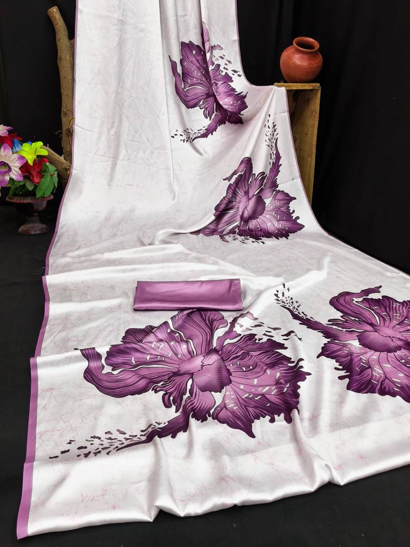 Purple printed satin saree with blouse piece