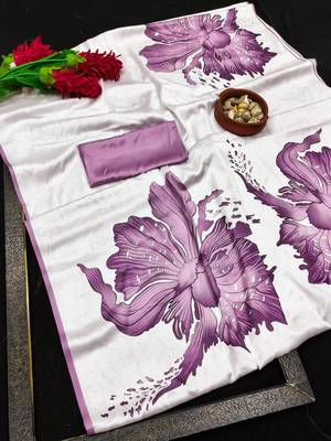 Purple printed satin saree with blouse piece 5