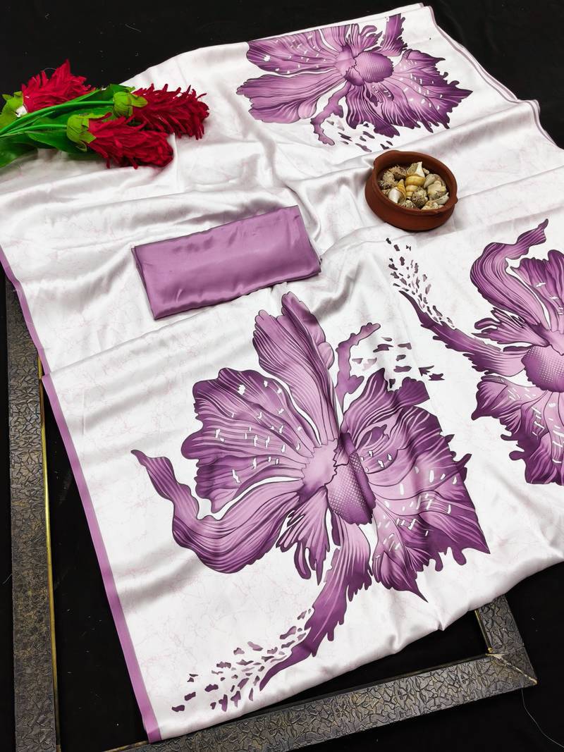 Purple printed satin saree with blouse piece