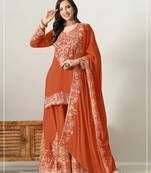 Orange color embroideried chinon semi stitched palazzo suit