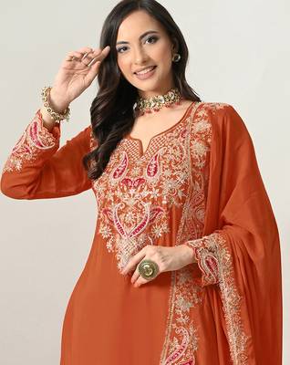 Orange color embroideried chinon semi stitched palazzo suit 2