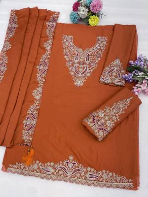 Orange color embroideried chinon semi stitched palazzo suit 3