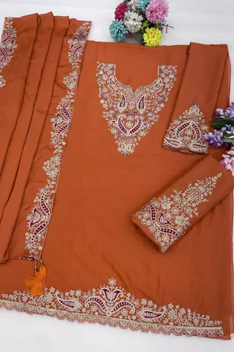 Orange color embroideried chinon semi stitched palazzo suit