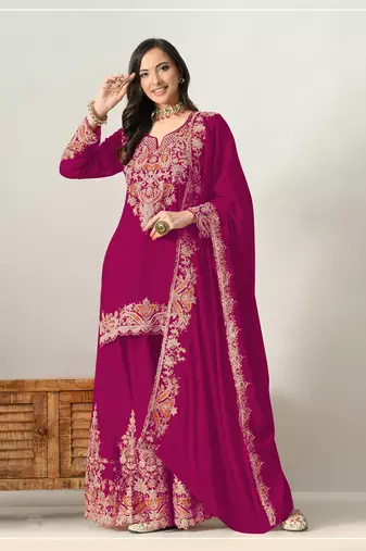 Cherry color embroideried chinon semi stitched palazzo suit