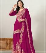Cherry color embroideried chinon semi stitched palazzo suit