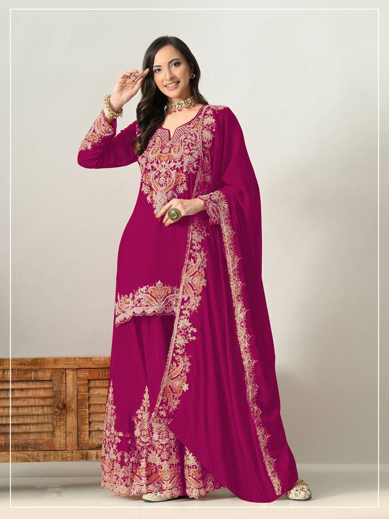 Cherry color embroideried chinon semi stitched palazzo suit