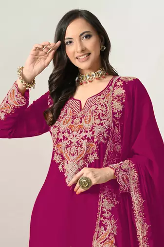 Cherry embroidered chinon palazzo suit