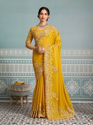 Women Yellow Embroidered Designer Saree 1