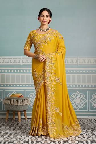 Women Yellow Embroidered Designer Saree