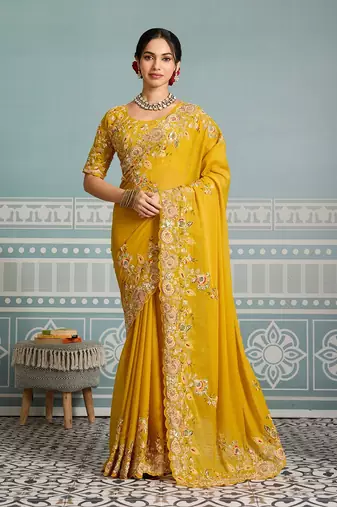 Women Yellow Embroidered Designer Saree