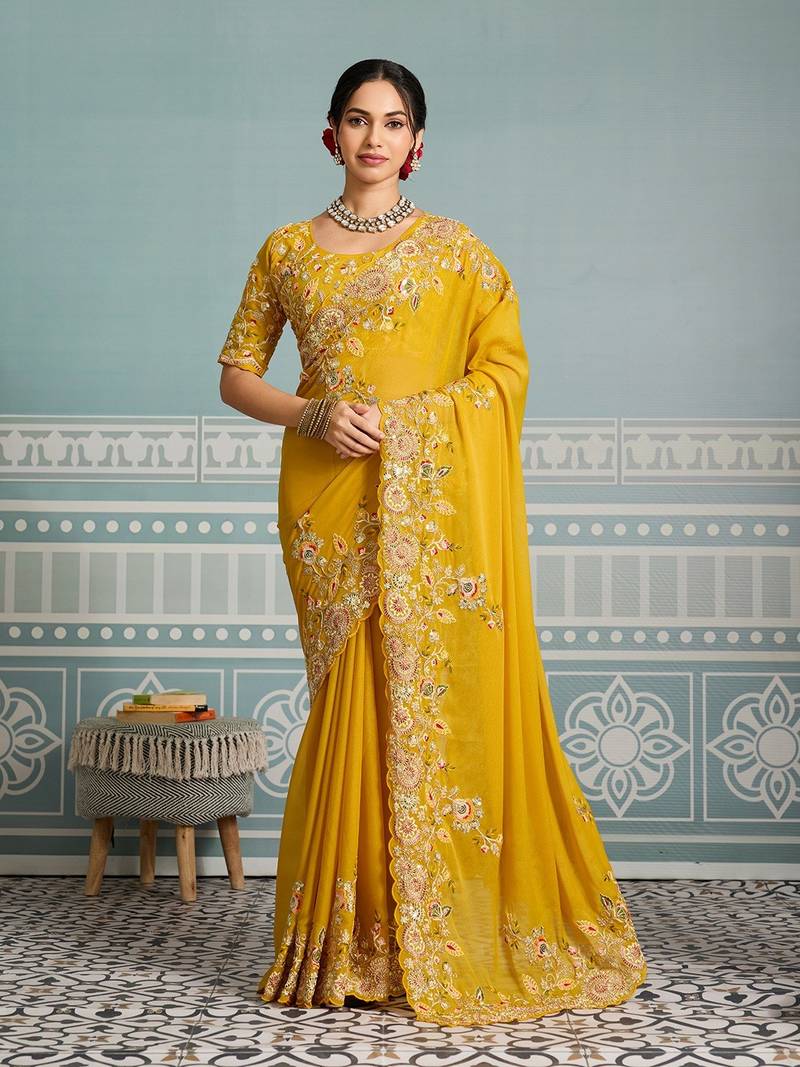 Women Yellow Embroidered Designer Saree