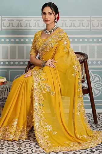 Women Yellow Embroidered Designer Saree