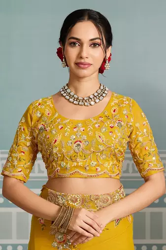 Women Yellow Embroidered Designer Saree