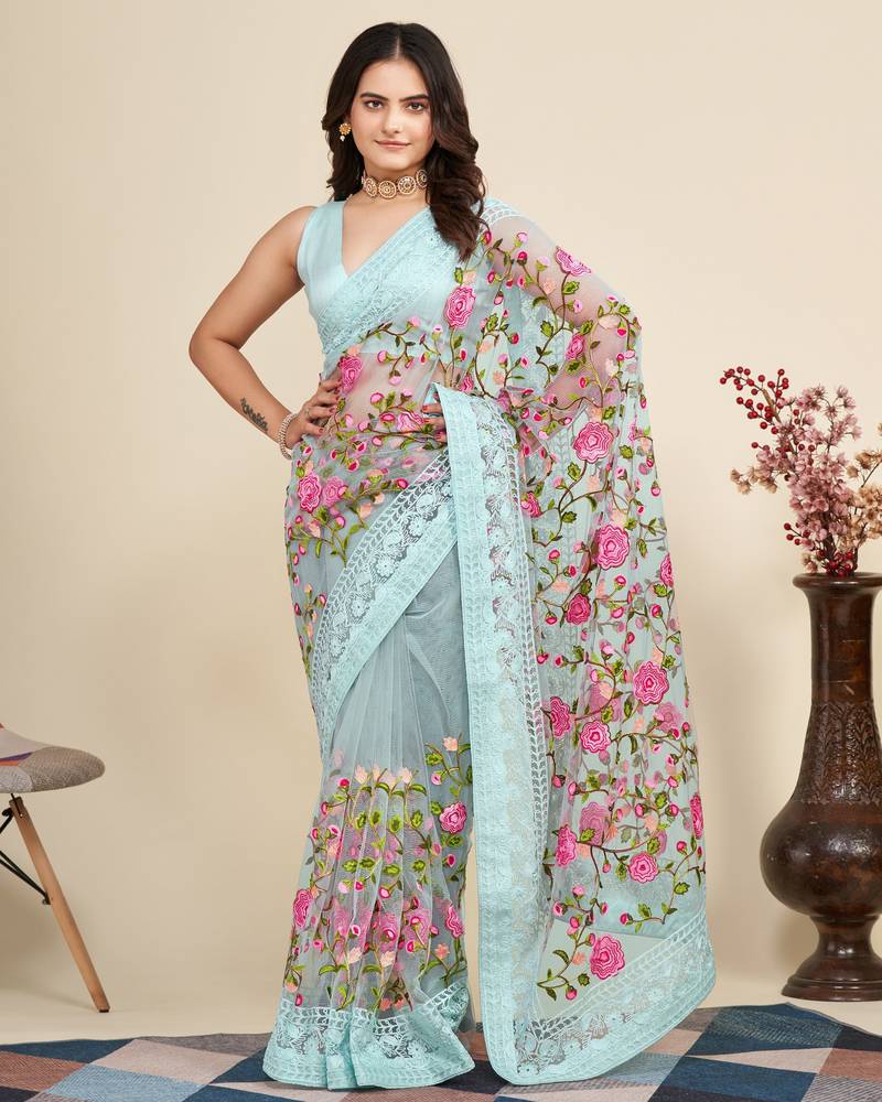 Women Sky Blue Floral Embroidered Designer Saree