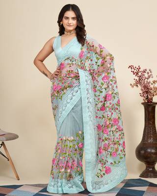 Women Sky Blue Floral Embroidered Designer Saree 1