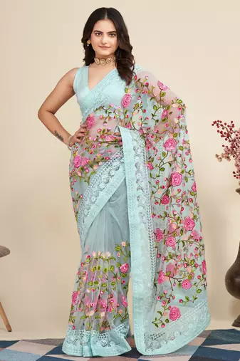 Women Sky Blue Floral Embroidered Designer Saree