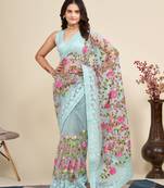 Women Sky Blue Floral Embroidered Designer Saree