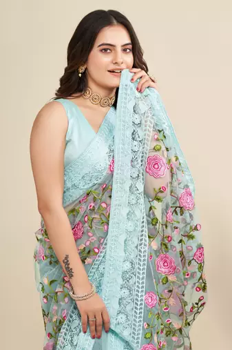Women Sky Blue Floral Embroidered Designer Saree