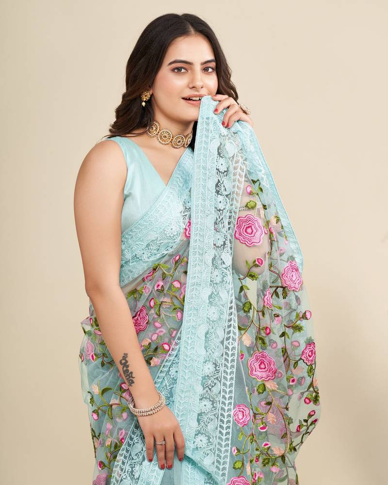 Women Sky Blue Floral Embroidered Designer Saree