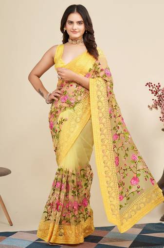 Women Yellow Floral Embroidered Designer Saree