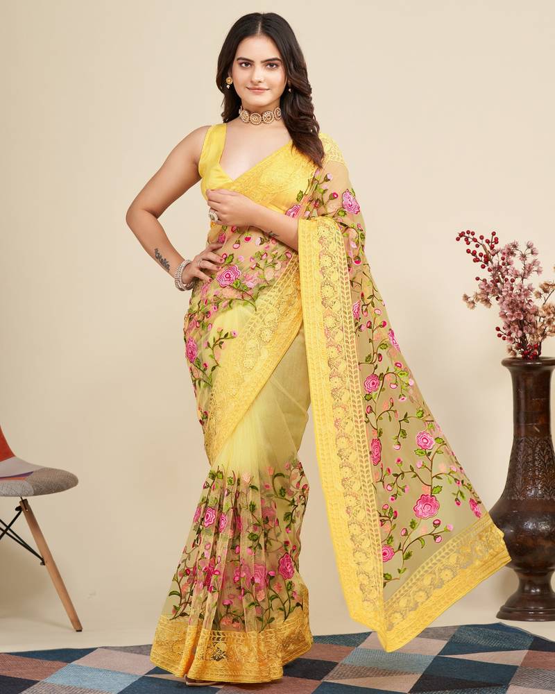 Women Yellow Floral Embroidered Designer Saree