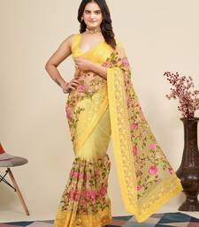 Women Yellow Floral Embroidered Designer Saree