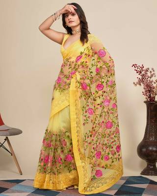 Women Yellow Floral Embroidered Designer Saree 2
