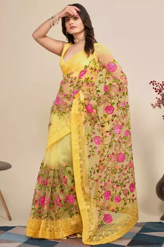 Women Yellow Floral Embroidered Designer Saree