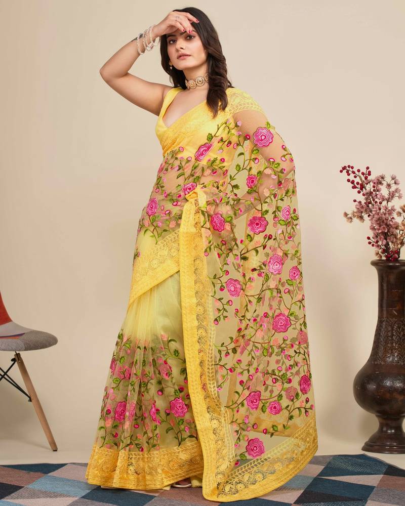 Women Yellow Floral Embroidered Designer Saree