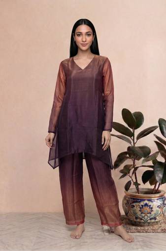 Purple fendi silk tie and dye short kurta with pant