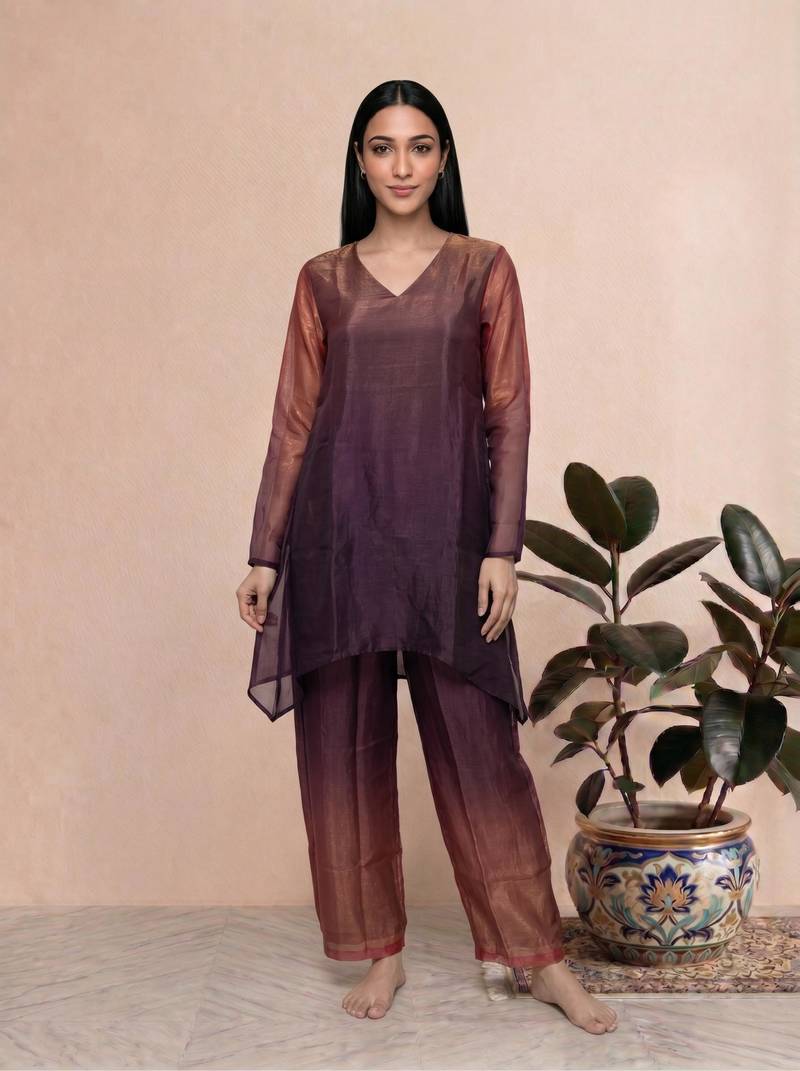 Purple fendi silk tie and dye short kurta with pant